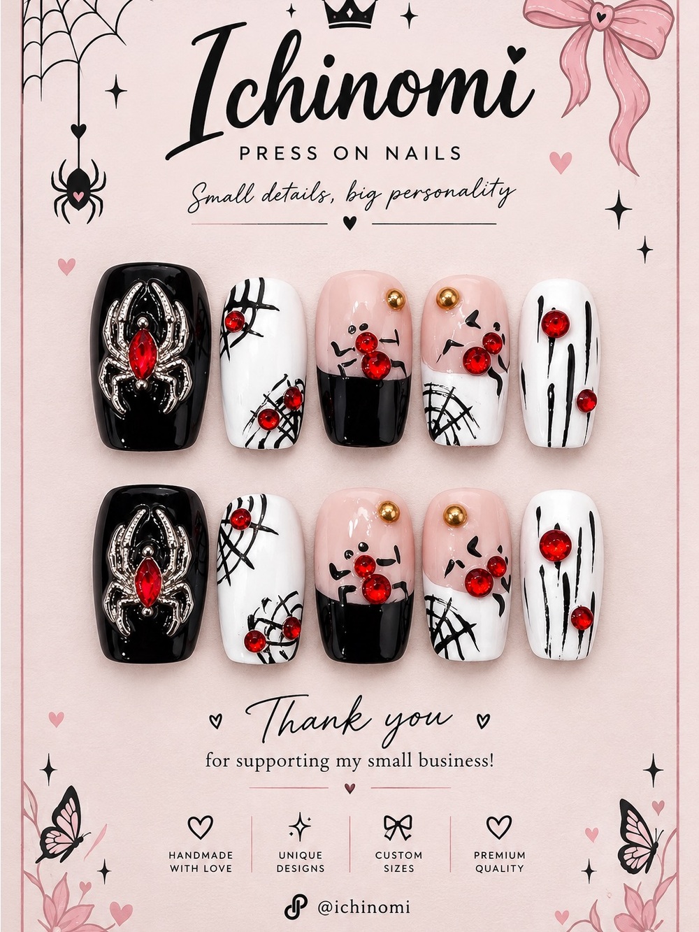 Handmade Black & Red Spider Press-On Nails | Gothic Spiderweb Nail Set - Large